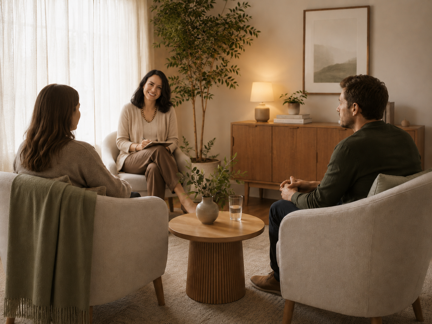Ședință de terapie de cuplu și familie într-un spațiu calm