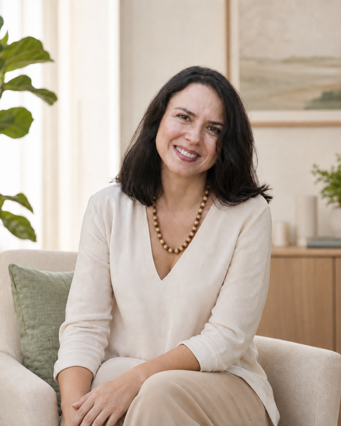 Elena Nica într-un spațiu calm de lucru terapeutic